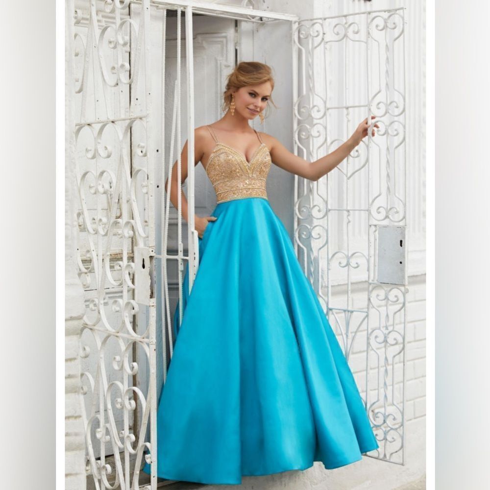 MORILEE PROM DRESS STYLE: 42039 IN COLOR TURQUOISE/ GOLD